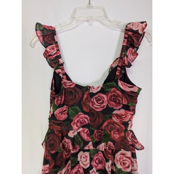 MAJORELLE Black Floral Red Rose Dress Ruffles Romantic Hi Low Flowy Gown Small - Picture 10 of 16